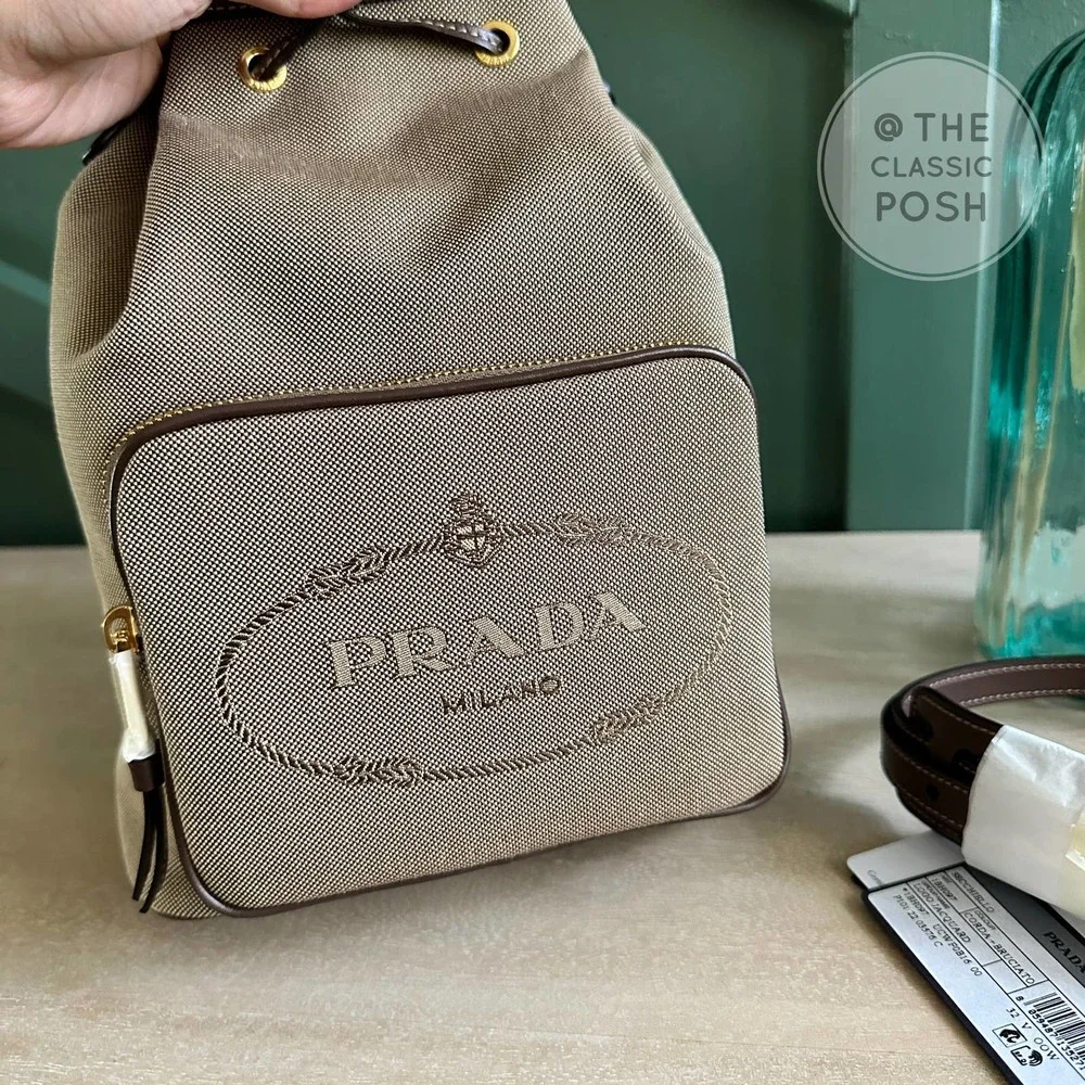 NEW Prada Jacquard Logo Bucket Brown Canvas Tote Small Crossbody Bag